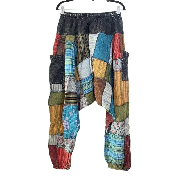 Y2k Boho Patchwork Harem Pants 29” Hippie Drop Crotch Summer Festival Gypsy - Picture 2 of 13